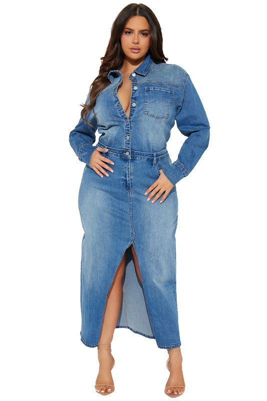 Stylish Long Sleeve Denim Maxi Dress with Cut Off Front